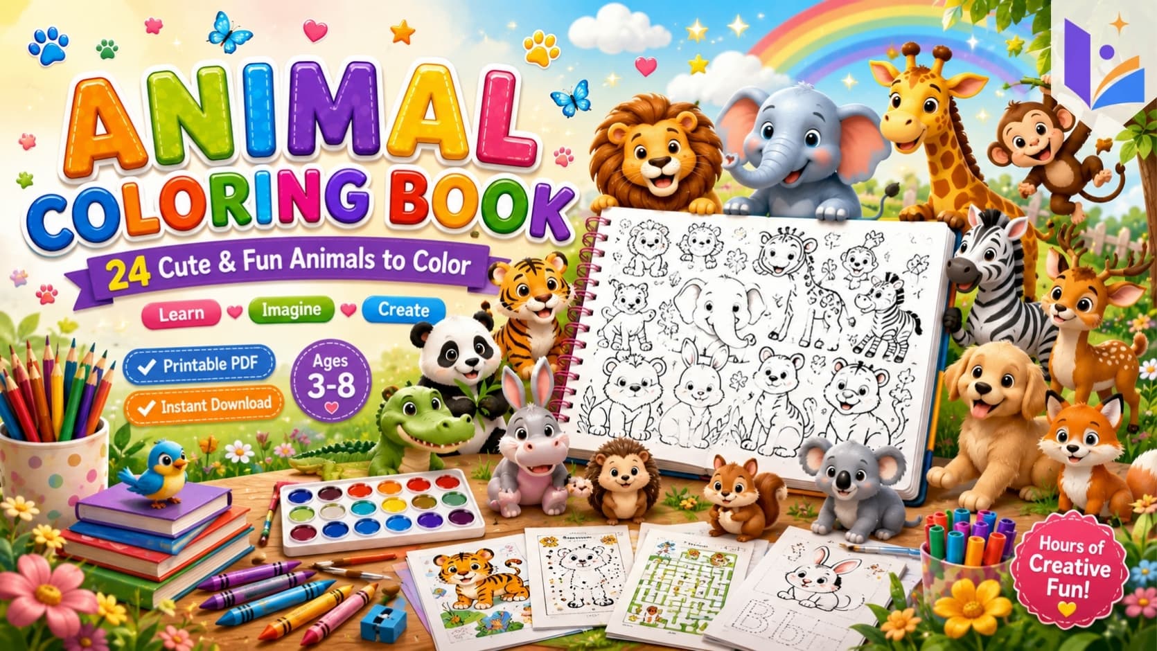 Animal Coloring Book for Kids | 24 Cute & Fun Animals to Color | Printable PDF Activity Book | Ages 3–8 | Instant PDF Download