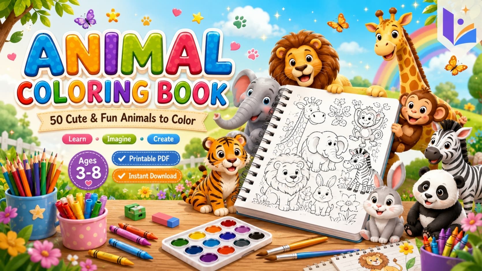 Animal Coloring Book for Kids | 50 Cute & Fun Animals to Color | Printable Coloring Pages & Activity eBook | Ages 3–8 | Instant PDF Download